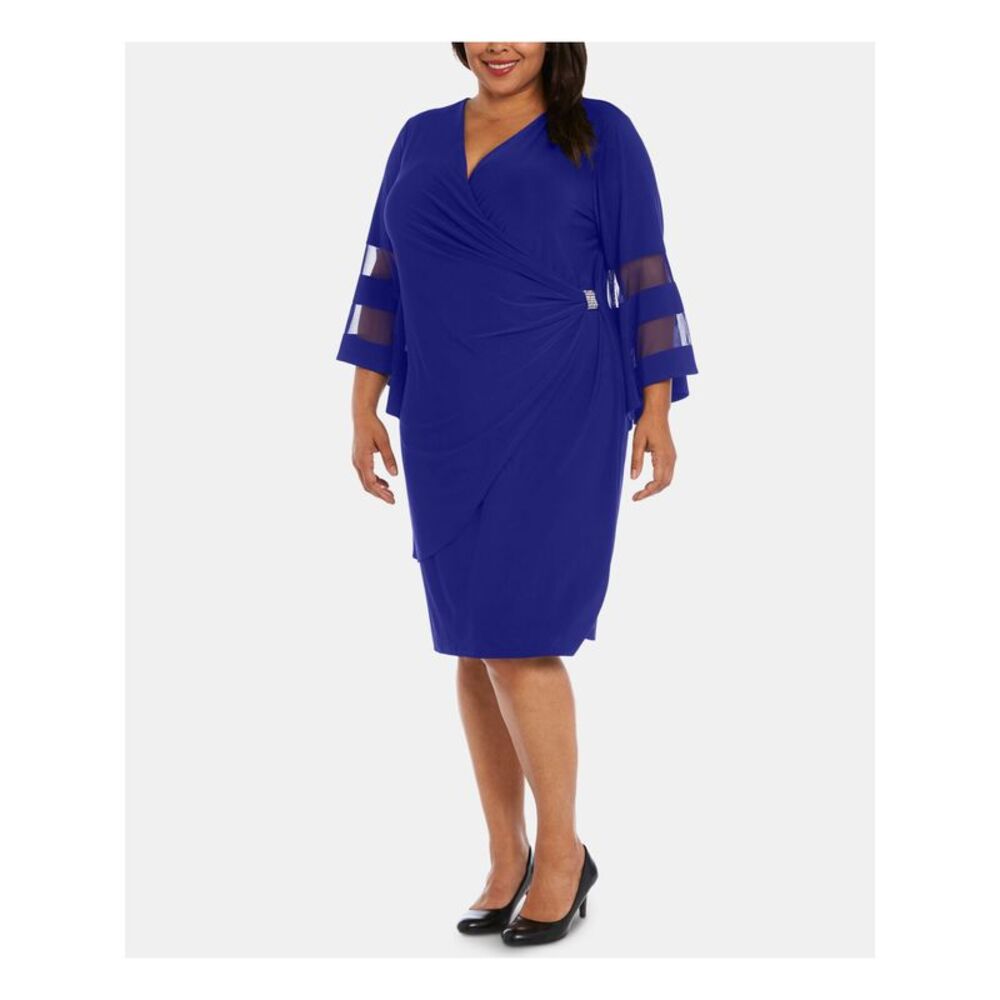 R&M RICHARDS WOMAN Womens Blue Illusion Bell Sleeve Wrap Dress Plus 16W